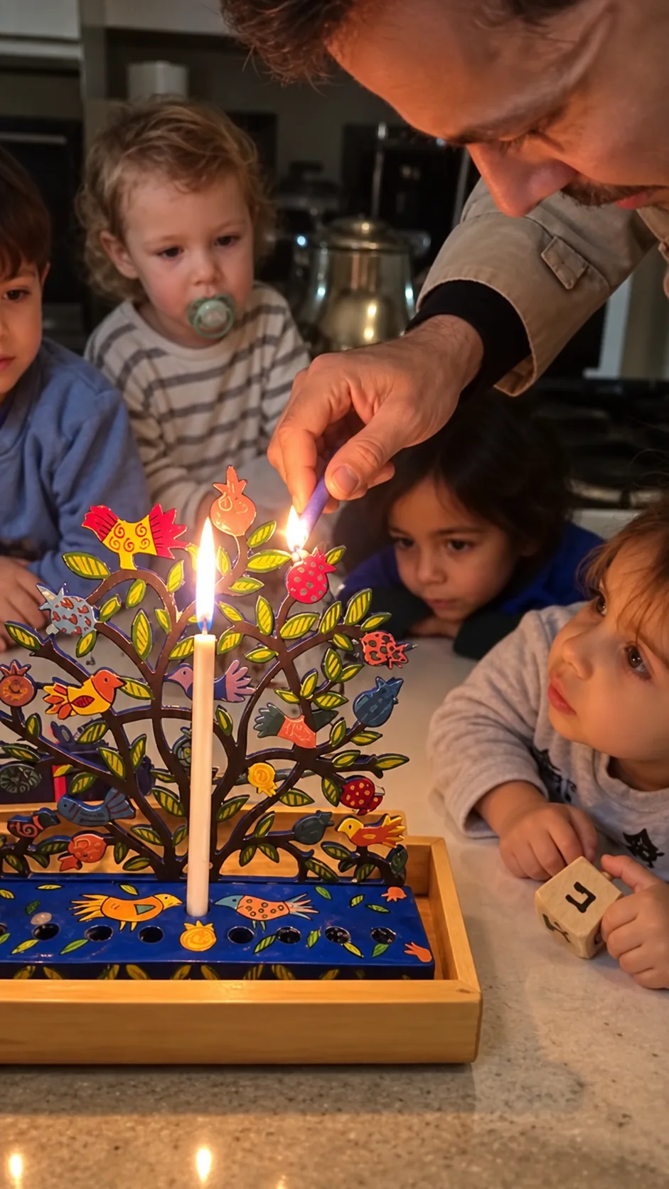 מדליקים את החנוכייה בעזרת נר בהשגחת מבוגר